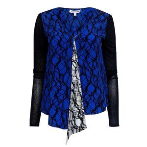 Elizabeth and James blue, black and white V neck long sleeve silk top. Size XS